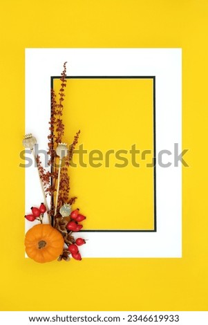 Halloween Autumn Fall background border frame design on yellow. Seasonal composition for greeting card, label, menu, invitation, gift tag.