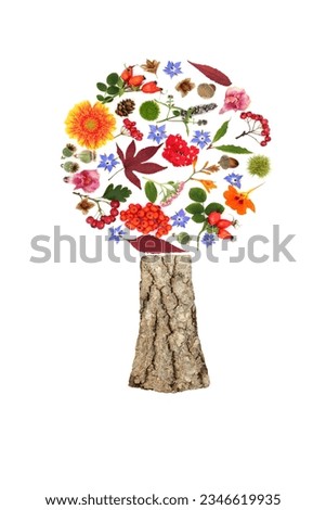 Surreal Autumn Fall Thanksgiving tree shape composition on white background. Abstract design with leaves, flowers, nuts, berry fruit for greeting card, label, logo.