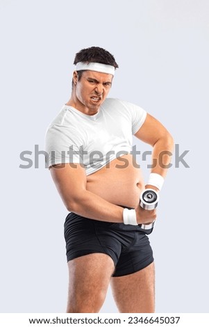 A funny fat man isolated on white background. Obesity and eating disorder. Concept for dietetics and fitness advertising in social networks.