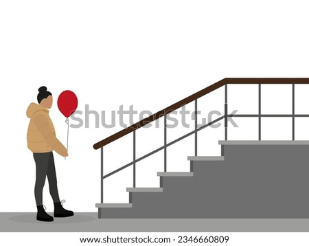 Female character in a jacket and with a balloon in her hand goes to the stairs on a white background