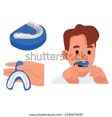 Bruxism Dental Night Guard Mouth Guard with Case. Man wearing dental retainer. Flat vector illustration isolated on white background Royalty-Free Stock Photo #2346676429