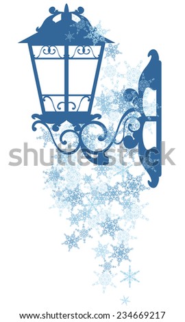 winter season vector design element - city street light among blue flying snowlakes