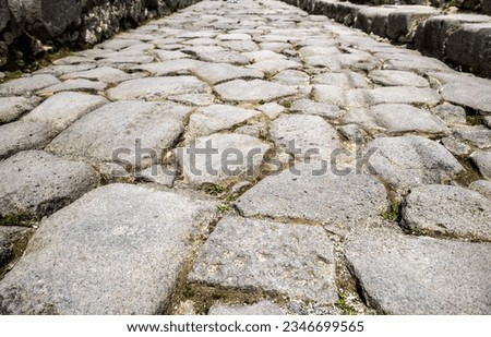 Ancient cobbled road in Pompeii, Italy. Gray granite cobblestones texture close-up for background. Rocks of old Roman road. Theme of pavement, antique, historical cobblestone road and material.