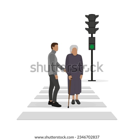 Male character helping an old woman to cross the road at the green traffic light on a white background