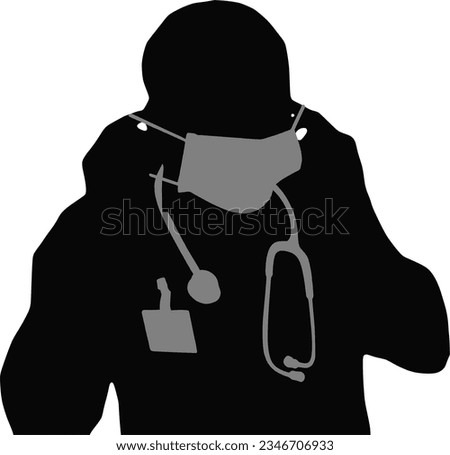 A silhouette of a male doctor isolated on white background was putting a face mask on his face