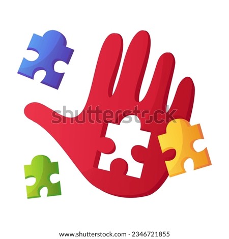 World autism awareness day colorful hand with puzzle pieces. Jigsaw symbol. International solidarity, asperger’s day. Health care, mental illness. Charitable organization, medical or wellness center.