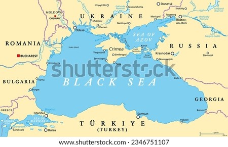 Black Sea region, political map. Located between Europe and Asia, with Crimea, Sea of Azov, Sea of Marmara, Bosporus, Dardanelles and Kerch Strait. Supplied by the major rivers Danube, Dnipro and Don. Royalty-Free Stock Photo #2346751107