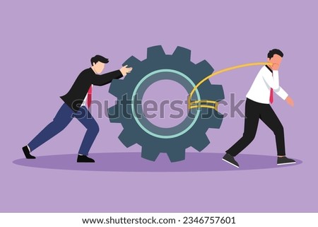 Graphic flat design drawing active business men pulling large gear on rope. Business leader help team pull cog, businessman push gear, business collaboration concept. Cartoon style vector illustration