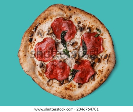 craft pizza with ham, mushrooms and mozzarella on a green background, studio shot