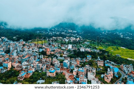 Aerial view of Pharping valley during monsoon season in Kathmandu, Nepal. 