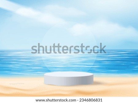 3d summer background product display platform scene with sea beach platform. sky cloud summer background vector 3d render on the ocean display. podium on sand beige cosmetic product display stand Royalty-Free Stock Photo #2346806831
