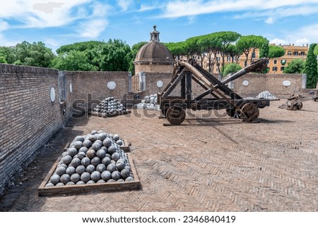 Rome, Italy, 6,10,2023, A catapult in The Mausoleum of Hadrian also known as Castel Sant'Angelo Royalty-Free Stock Photo #2346840419