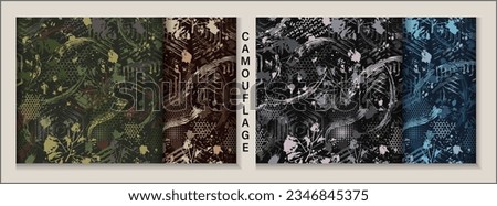 Set of abstract camouflage patterns with splattered paint, paint brush strokes, leaves, hexagons. Dense chaotic composition For apparel, fabric, textile, sport goods Grunge texture