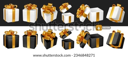 Set of 3d realistic white and black satin gift boxes with luxury golden bow. Open and closed. Holiday design element for birthday, wedding, advertising banner of sale and other events. Vector Royalty-Free Stock Photo #2346848271