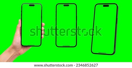 Hand holding smart phone Mockup and green screen Transparent and Clipping Path isolated for Infographic Business web site design app