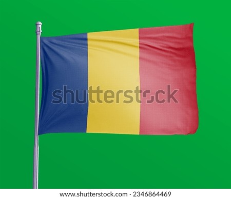 Romania Flag on a flagpole. Waving on a green background. Independence Constitution Day. 3D rendering or illustration. Isolated on green chroma key background. Royalty-Free Stock Photo #2346864469
