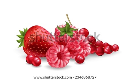 A vibrant heap of red berries raspberry, strawberry, and redcurrant. Fresh, juicy, and realistic fruit illustration for food juice, dessert, jelly, candy, ice cream and graphic design projects. Royalty-Free Stock Photo #2346868727