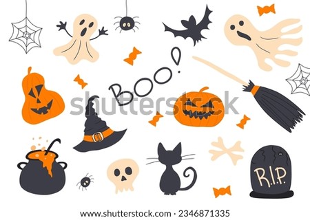 Halloween elements set: hat, ghost, bat, potion, broom, black cat, grave, spiders, pumpkins. Perfect for scrapbooking, greeting card, party invitation, poster, tag, sticker set. Hand drawn vector