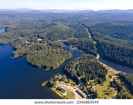 Aerial Summer view of Shiroka polyana (Wide meadow) Reservoir, Pazardzhik Region, Bulgaria