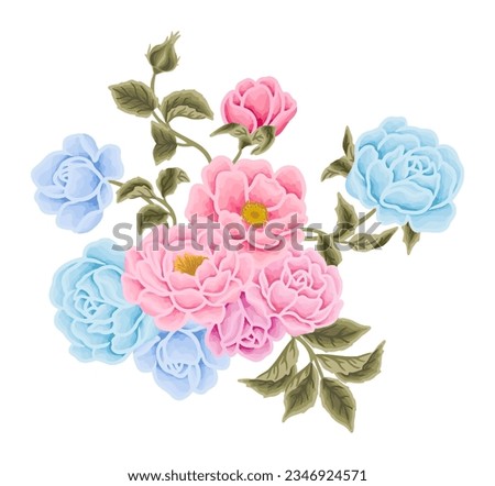 Beautiful romantic flower bouquet arrangement with rose, tulip, lilac, peony, poppy, floral bud, and leaf branch vector illustration elements for wedding card decoration