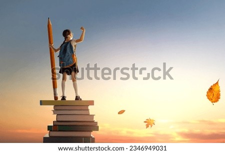 Back to school! Happy cute industrious child standing on the tower of books and holding a huge pencil on background of sunset sky. Concept of education and reading. The development of the imagination. Royalty-Free Stock Photo #2346949031