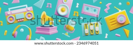 Retro music banner or cover backdrop with bright 3D recorders and players, realistic render illustration. Background template for retro disco dance and music party. Royalty-Free Stock Photo #2346974051