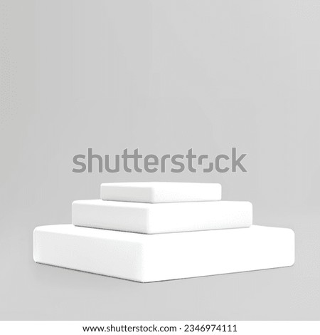 3D white podium stands, three level steps, square pedestals different sizes. Volumetric minimal scene mockup for product stage showcase, platform for presentation. Vector geometric cubes on gray
