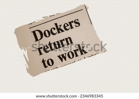 Dockers return to work - news story from 1975 newspaper headline article title in sepia Royalty-Free Stock Photo #2346983345