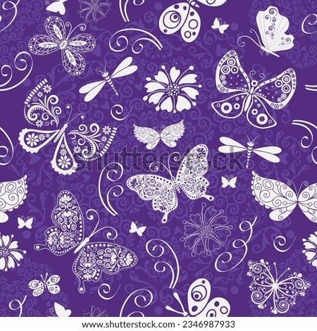 Vector seamless spring delicate violet pattern with openwork butterflies and flowers and mandala	
