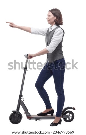 casual mature woman with electric scooter. isolated on a white