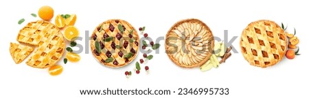 Set of different tasty pies on white background, top view Royalty-Free Stock Photo #2346995733