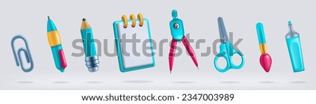 3D school pencils. Study or education elements. Stationery tools. Pen and scissors. Paper notebook. Highlighter marker. Plastic paintbrush. Clip and compass. Vector render objects set