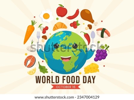 World Food Day Vector Illustration on 16 October with Various Foods, Fruit and Vegetable in Flat Cartoon Hand Drawn Background Templates Royalty-Free Stock Photo #2347004129