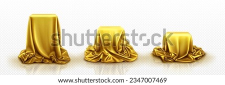Podium under golden fabric curtain cover. Realistic vector illustration of cube stand or box of various sizes hidden in gold silk or satin waved cloth. Gift or surprise that can be reveal and unveil. Royalty-Free Stock Photo #2347007469