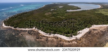 Aerial landscape view of area around "Punta de los Nidos" an abandoned beach in Punta Cana, Caribbean Sea, palm trees line the beach, no people far and wide, "Laguna Bavaro" in background Royalty-Free Stock Photo #2347020929