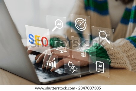 Human use laptop with Search engine optimization SEO networking concept, Searching browsing Internet data Information, marketing, website, analysis, traffic ranking, content, business and optimization