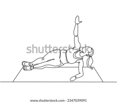 Left side plank Line Drawing, side plank one line art, side plank exercise, Continuous one line drawing, work out clip art,  workout fitness, Outline exercise clipart isolated on white background