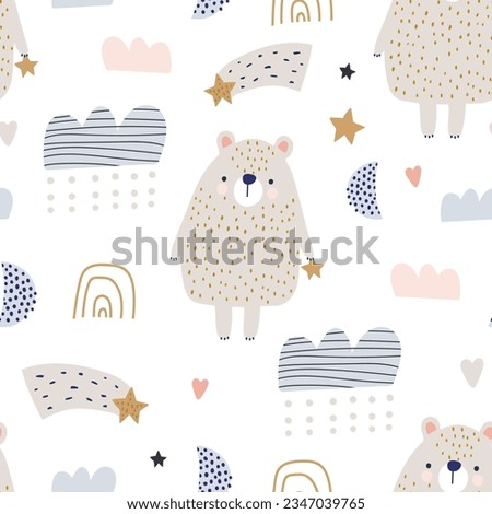Seamless pattern with cute cartoon bear, clouds. Creative Scandinavian style childish texture. Great for fabric, textile Vector Illustration