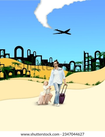 Happy, positive man, father going on vacation with his little cute daughter sitting on suitcase. Contemporary art collage. Concept of world tourism day, travel, surrealism, joy and fun. Poster, ad