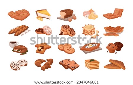 Fresh bakery set. Baked food. Toast bread, French croissant, baguette, puff pastry, buns and rolls. Flour desserts, meringue, muffin. Flat graphic vector illustrations isolated on white background Royalty-Free Stock Photo #2347046081