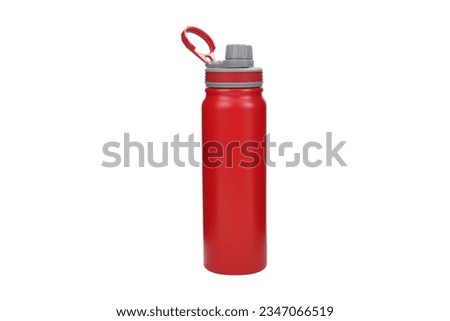vacuum insulated water bottle  portable thermos for hot and cold drinks for travel and hiking. red color vacuum insulated thermos. red color water bottle. Royalty-Free Stock Photo #2347066519