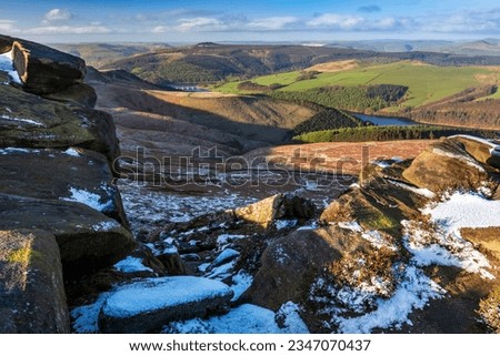 View down towards Derwent and Ladybower reservoirs from White Tor on Derwent Edge in the Upper Derwent Valley, Peak District National Park. Royalty-Free Stock Photo #2347070437