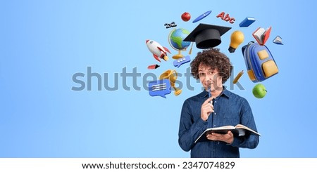 Pensive business man student with graduation cap standing with notebook, pen on chin. Colorful cartoon education icons with rocket flying on empty background. Concept of knowledge and start up