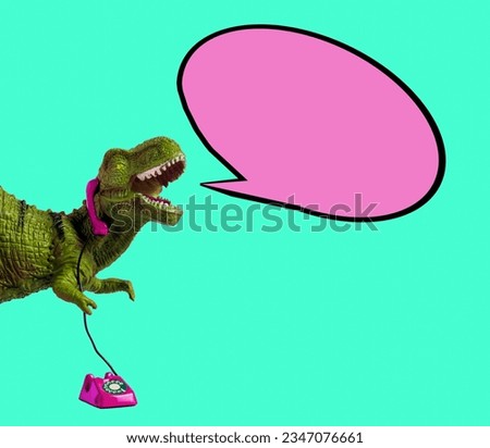 Funny green toy dinosaur with pink retro phone and empty pink bubble banner on green background. 