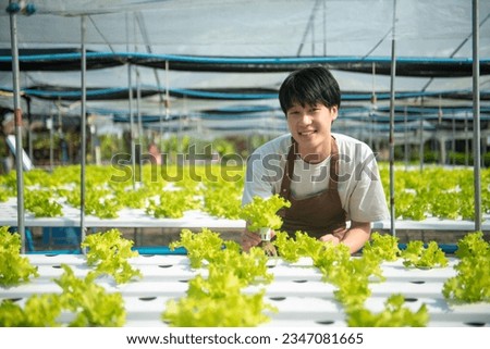 Asian man farmer looking organic vegetables and holding tablet and chart  for checking orders or quality farm