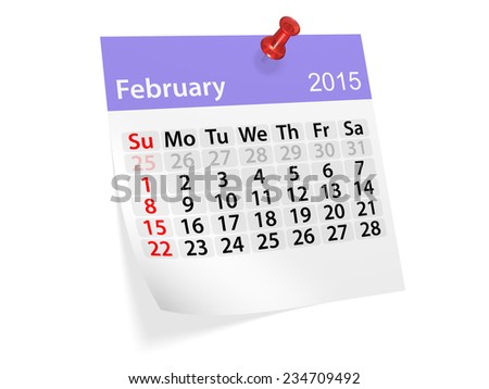 Monthly calendar for year 2015. February