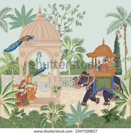 Indian Mughal king riding elephant in a garden with queen, woman, peacock, tree illustration for wall art Royalty-Free Stock Photo #2347100857