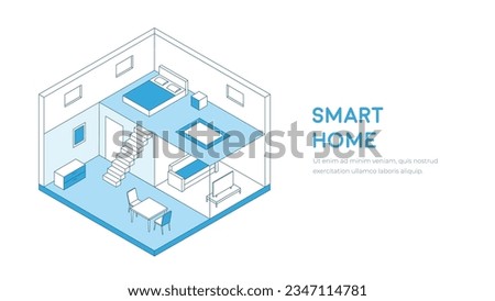 House cutaway stroke isometry. Smart home isometric vector. Eco house cross section outline illustration. 