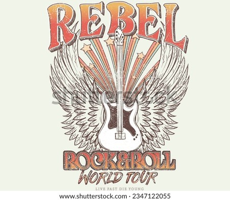 Rebel music poster. Rock and roll vintage print design. Guitar with eagle wing vector artwork for apparel, stickers, posters, background and others.  Royalty-Free Stock Photo #2347122055