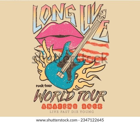 Long live music poster. Rock and roll vintage print design. Guitar with eagle wing vector artwork for apparel, stickers, posters, background and others. Lips music logo.